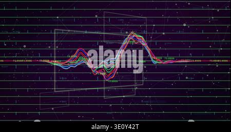 Displaying multi-trace colorful waveform oscillating on dark purple dashboard, with teal grid lines Stock Photo