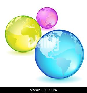 Three lighted transparent globes, colors and nations Stock Vector