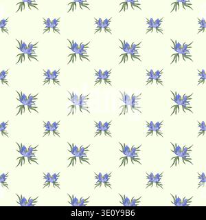 Seamless vector pattern with small lavender flowers arranged in rows on light green background. Spring floral repeat design for textile, wallpaper and print. Stock Vector