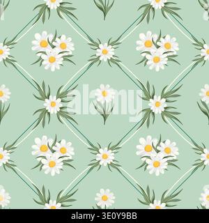 Seamless square vector pattern with white daisy flowers on light green pistachio background. Spring floral repeat design for textile and decor. Stock Vector