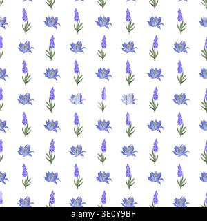 Seamless vector pattern with lavender spring flowers arranged in neat rows on white background. Decorative geometric floral repeat for textile and print. Stock Vector
