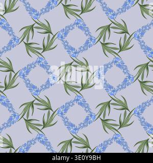 Seamless vector pattern with delicate blue spring flowers and green leaves arranged in a geometric layout on a soft light purple background. Square design for decor and print. Stock Vector