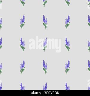 Seamless vector pattern with lavender spring flowers arranged in neat rows on gray background. Decorative geometric floral repeat for textile and print. Stock Vector