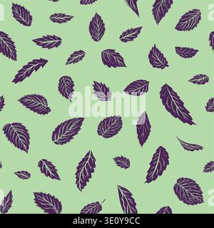 Seamless vector pattern with purple basil leaves on mint green background. Botanical repeat design for textile, packaging, wallpaper and branding. Stock Vector