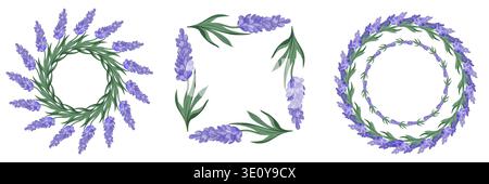 Vector set of lavender floral frames and wreaths. Botanical spring decoration for wedding, holiday cards, invitations, labels and festive design. Stock Vector
