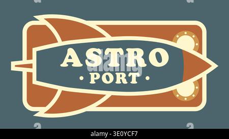 Rocket emblem banner with astro port text in a retro space themed badge style Stock Vector