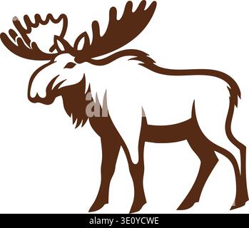 Brown silhouette illustration of a moose standing in profile with large antlers Stock Vector