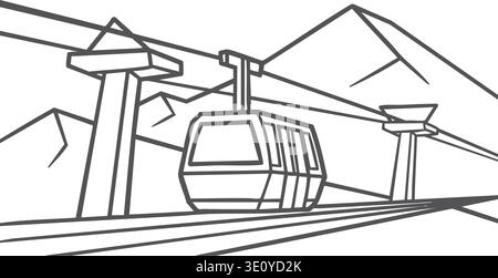 Line drawing of a cable car gondola system with towers and mountains in the background Stock Vector