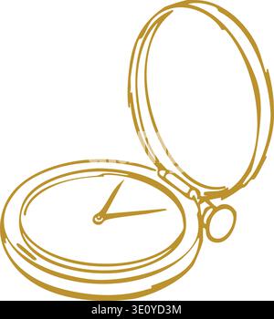 Sketch illustration of an open pocket watch showing the face and hinged lid Stock Vector