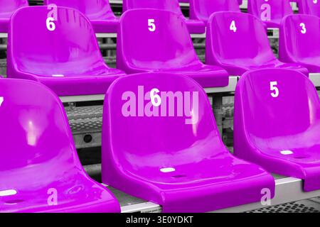 Bright purple numbered plastic stadium seats arranged in empty bleacher rows, close-up view showing repeating pattern, texture and seating numbers for Stock Photo