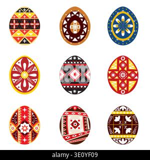 Decorated Easter Eggs with colorful folk geometric ornaments Stock Vector