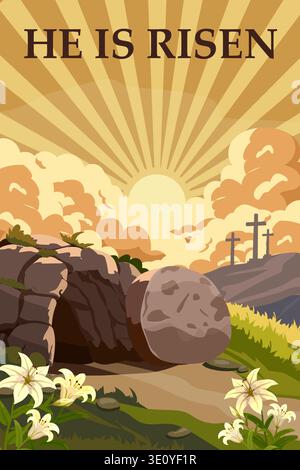 He Is Risen Empty Tomb with Sunrise and Crosses Easter Christian Stock Vector