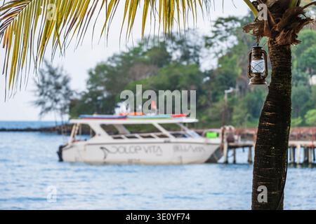 Vintage Metal Lantern on Palm Tree at Tropical Harbor Stock Photo