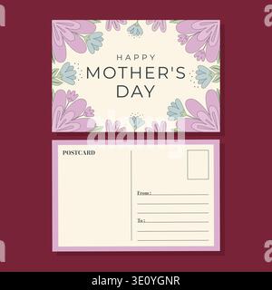 Happy Mothers Day postcard template with floral frame and back side vector illustration. Stock Vector