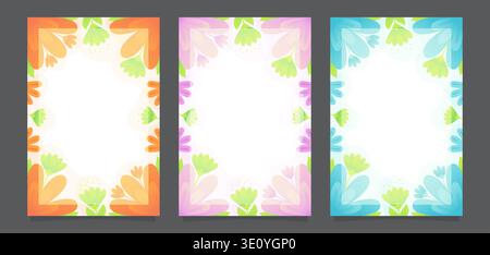 Vertical floral frames set with orange pink and blue flowers vector illustration. Stock Vector