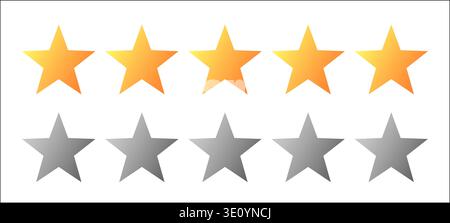Five golden and silver stars product rating review icon set vector image. Graphical user interface for web page. Stock Vector