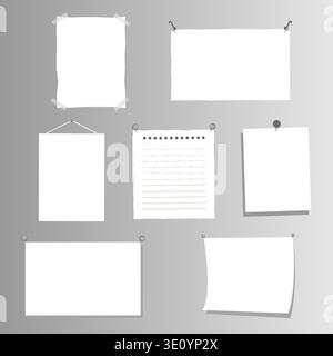 Hanging empty white paper set notes design template mockup vector image Stock Vector