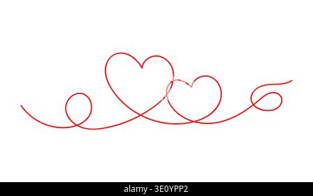 Continuous one line art drawing of two red hearts symbol sign doodle style vector image for Valentine card. Stock Vector
