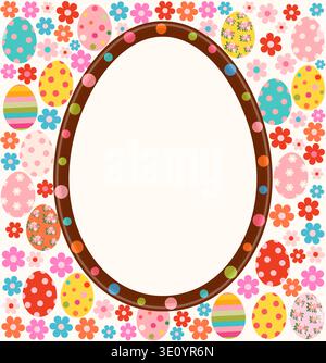 Cute chocolate Easter egg vector frame, colorful flowers and painted eggs spring background for package design Stock Vector