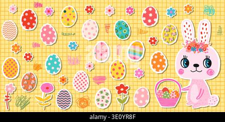 Cute vector Easter bunny holding a basket with eggs, Colorful spring background with kawaii animal flowers and eggs Stock Vector
