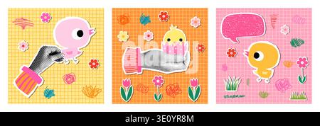 Easter greeting cards set with cute chickens, colorful halftone collage style spring backgrounds Stock Vector