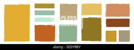 Vector set with doodle rectangular shapes in neutral autumn colors, Fun shapes with rough edges in earthy brown, mustard, green, sepia and ochre color Stock Vector