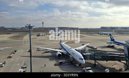 Tokyo Japan February 18 2026 Haneda Departure Terminal Aircraft at Gates and Runway Operations Stock Photo