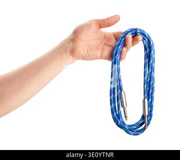blue instrumental audio cable in hand path isolated on white Stock Photo