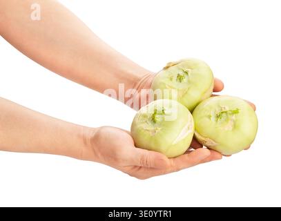 kohlrabi in hand path isolated on white Stock Photo