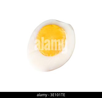 Top view of unpeeled cooked or boiled chicken eggs in a half with egg yolk is isolated on white background with clipping path. Stock Photo