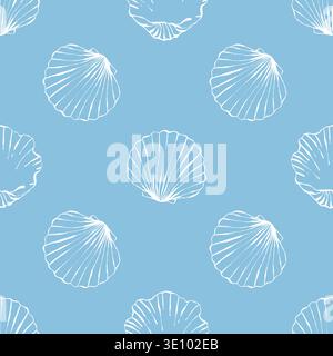 Shells seamless pattern. Hand drawn white seashells on blue background. Marine pastel design. Coastal and beach theme. Vector outline illustration Stock Vector