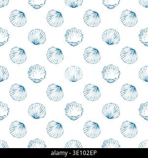 Shells seamless pattern. Hand drawn blue seashells on white background. Marine pastel design. Coastal and beach theme. Vector outline illustration Stock Vector