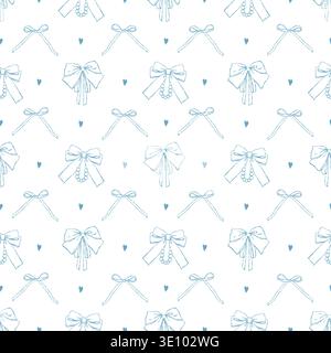 Pastel blue bows and hearts on a white background. Seamless girlish pattern of vintage ribbons and bows, vector line art, flirty feminine print, hand-drawn. Delicate retro illustration for holidays, weddings, and birthdays. Stock Vector