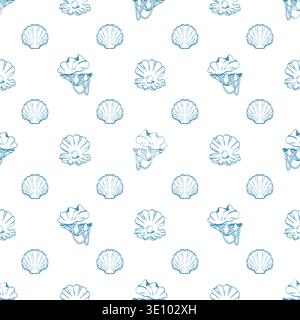 Seamless shell pattern. Hand-drawn blue seashells on a white background. Open shells with a pearl and pearl beads inside. Nautical-style design. Coastal and beach theme. Vector illustration. Stock Vector