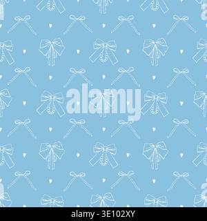 Pastel white bows and hearts on a blue background. Seamless girlish pattern of vintage ribbons and bows, vector line art, flirty feminine print, hand-drawn. Delicate retro illustration for holidays, weddings, and birthdays. Stock Vector