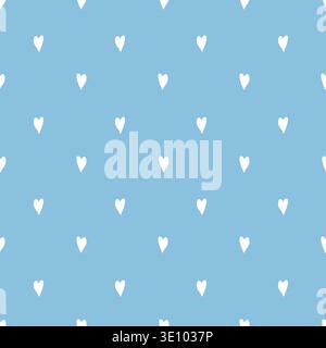 A cute blue seamless pattern with white hearts. Simple pastel vector background in a vintage style, hand-drawn. Suitable for textiles, childrens clothing, wallpaper, and packaging. Vector illustration. Stock Vector
