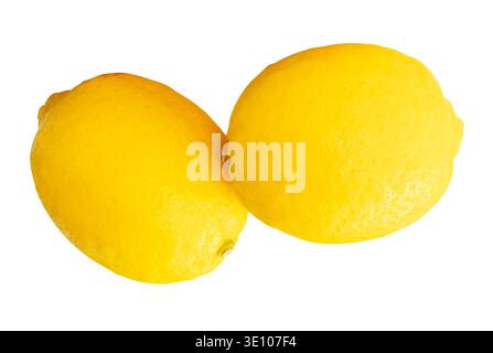Side view of two ripe yellow lemon fruits in stack is isolated on white background with clipping path. Stock Photo