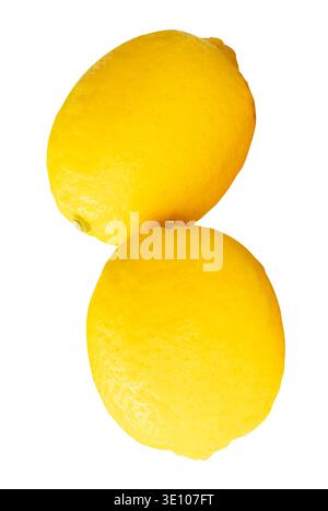 Side view of two ripe yellow lemon fruits in stack is isolated on white background with clipping path. Stock Photo