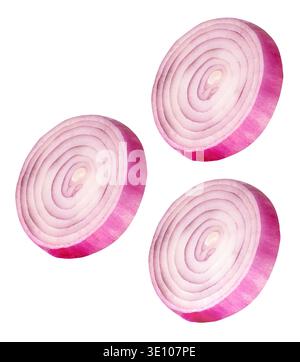A set of three Spanish onion or red onion slices is isolated on white background with clipping path. Stock Photo