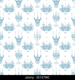 An elegant vintage seamless pattern with hand-drawn candelabras, candles, flowers, and hearts. Pastel blue and white background. Vector design for holidays, weddings, and birthdays. Stock Vector