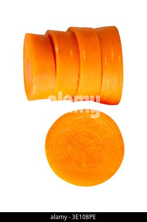 Side view of orange carrot slices in stack and set is isolated on white background with clipping path. Stock Photo