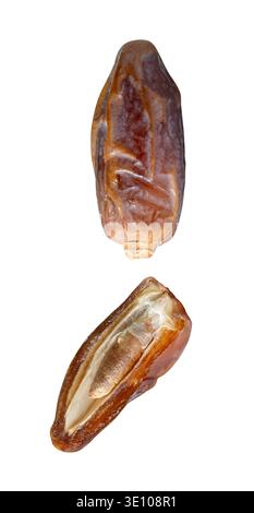 Ripe dried date palm fruit witth half in set is isolated on white background with clipping path. Concept of iftar food in Ramadan month for Muslims Stock Photo