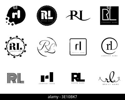 RL logo company template. Letter r and l logotype. Set different classic serif lettering and modern bold text with design elements. Initial font typog Stock Vector