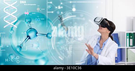 Scientist using VR headset, double exposure with virtual elements. Future technology in biochemistry Stock Photo