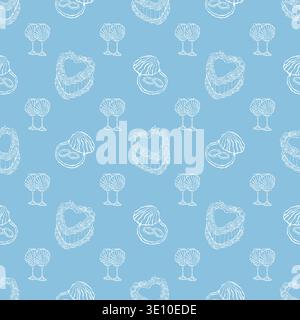 A seamless pattern with a coastal wedding theme. Hand-drawn cake, glasses with shells, and rings. Pastel blue background. A Mediterranean nautical wedding. Coastal and beach theme. Vector outline illustration. Stock Vector