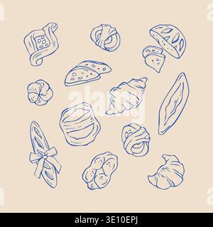 Hand drawn bakery doodle set with bread croissant baguette and pastry illustrations Stock Vector
