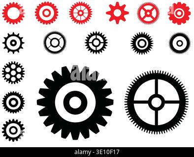 Collection of black and white gear and cogwheel icons with various designs Keywords: gear, cog, cogwheel, mechanical, industry Stock Vector