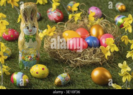 A chocolate Easter bunny next to a nest with colorful Easter eggs surrounded by yellow flowers Stock Photo