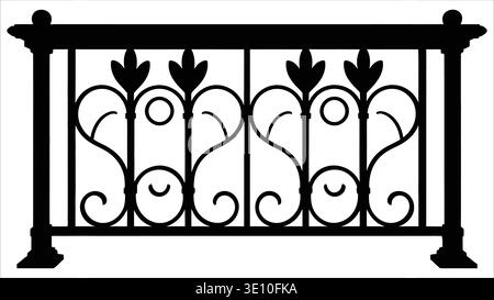 Decorative black wrought iron fence section with ornate scrollwork and finials Stock Vector