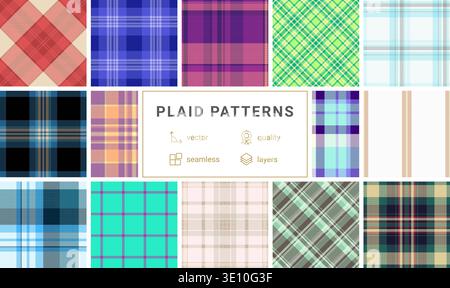 Plaid collection adapted for modern childrens fashion. Traditional tartan patterns meet playful styling workflows. Seamless vectors ensure usability. Stock Vector